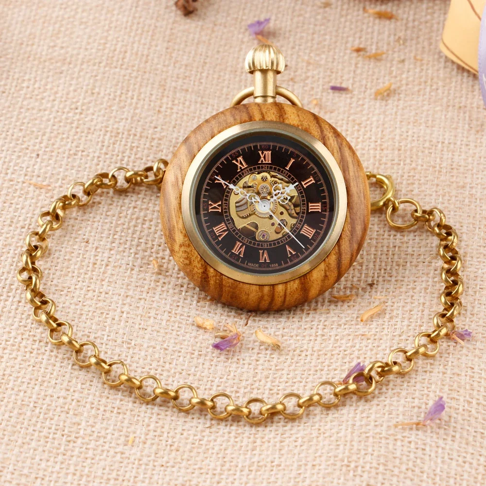 Wooden Mechanical Pocket Watch Automatic Self-Wind Pocket Pendant Clock Luxury Watch for Men Women with 30cm Bronze Chain