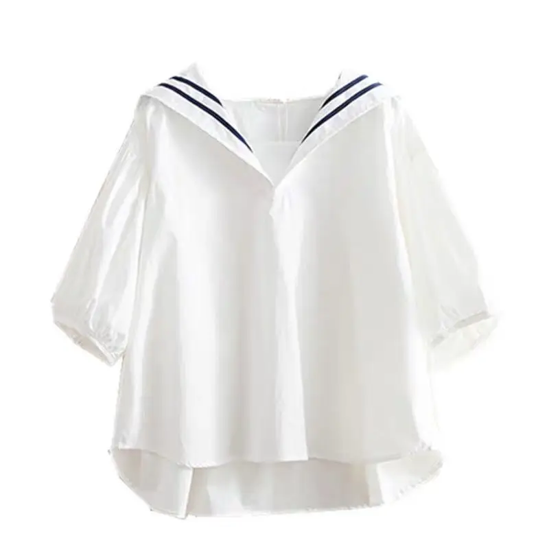 KUSAHIKI Sweet Stripe Sailor Collar Blouse Tops Causal Half Sleeve Woman Shirts 2023 Summer New Korean Pullover Blusas De Mujer