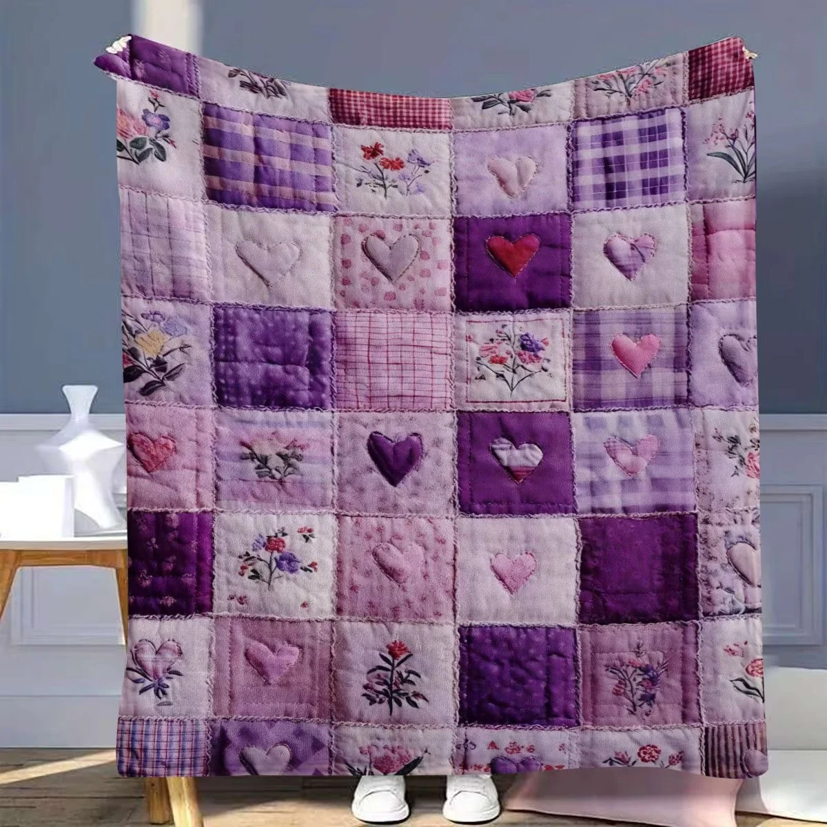Vintage Purple Plaid Patchwork Blanket Soft Plush for Lilac Hearts Colorful Mosaic Bed Cover Couples Cozy Sofa Throw Camping
