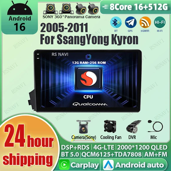 Android 16 For SsangYong Kyron Actyon C100 2005- 2011 2K QLED WIFI Car Radio Multimedia Stereo Player GPS Qualcomm CarPlay 4G BT