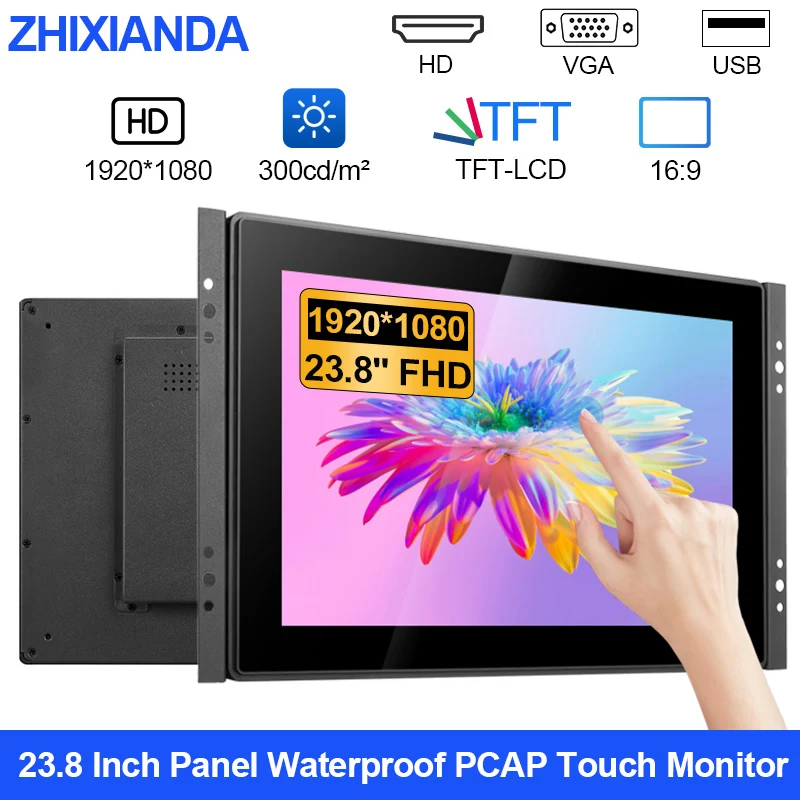

23.8 24 Inch 1920*1080 Surface Panel Waterproof Flat Industrial PCAP Capacitive Touch Screen Monitor With VGA HDMI USB Interface