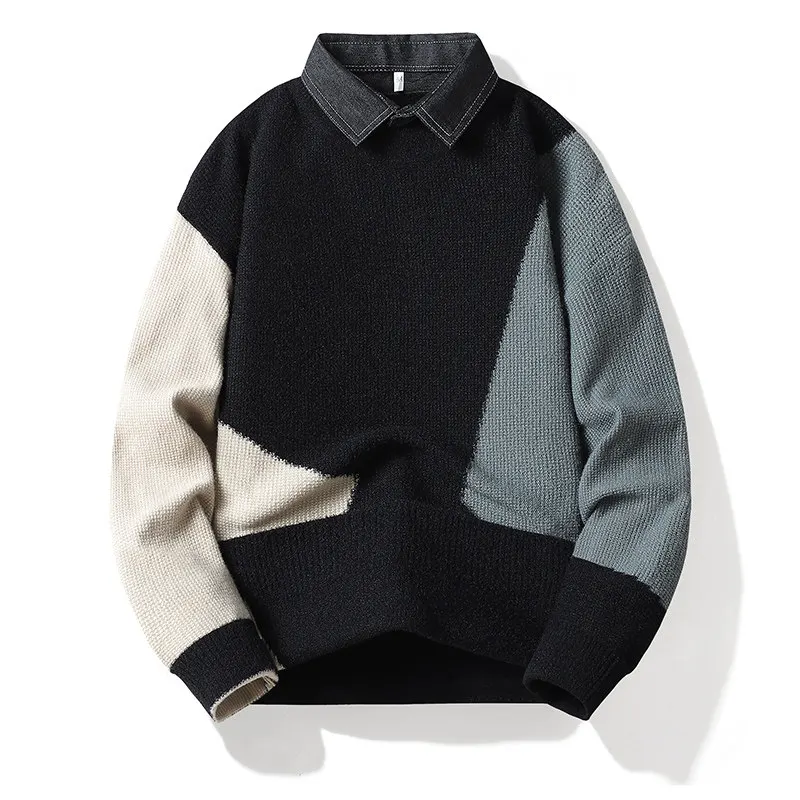 

Мужской вязаный свитер с воротником-стойкой, повседневный, теплый, осенне-зимний, новый, молодежный, имитация двухслойной одежды