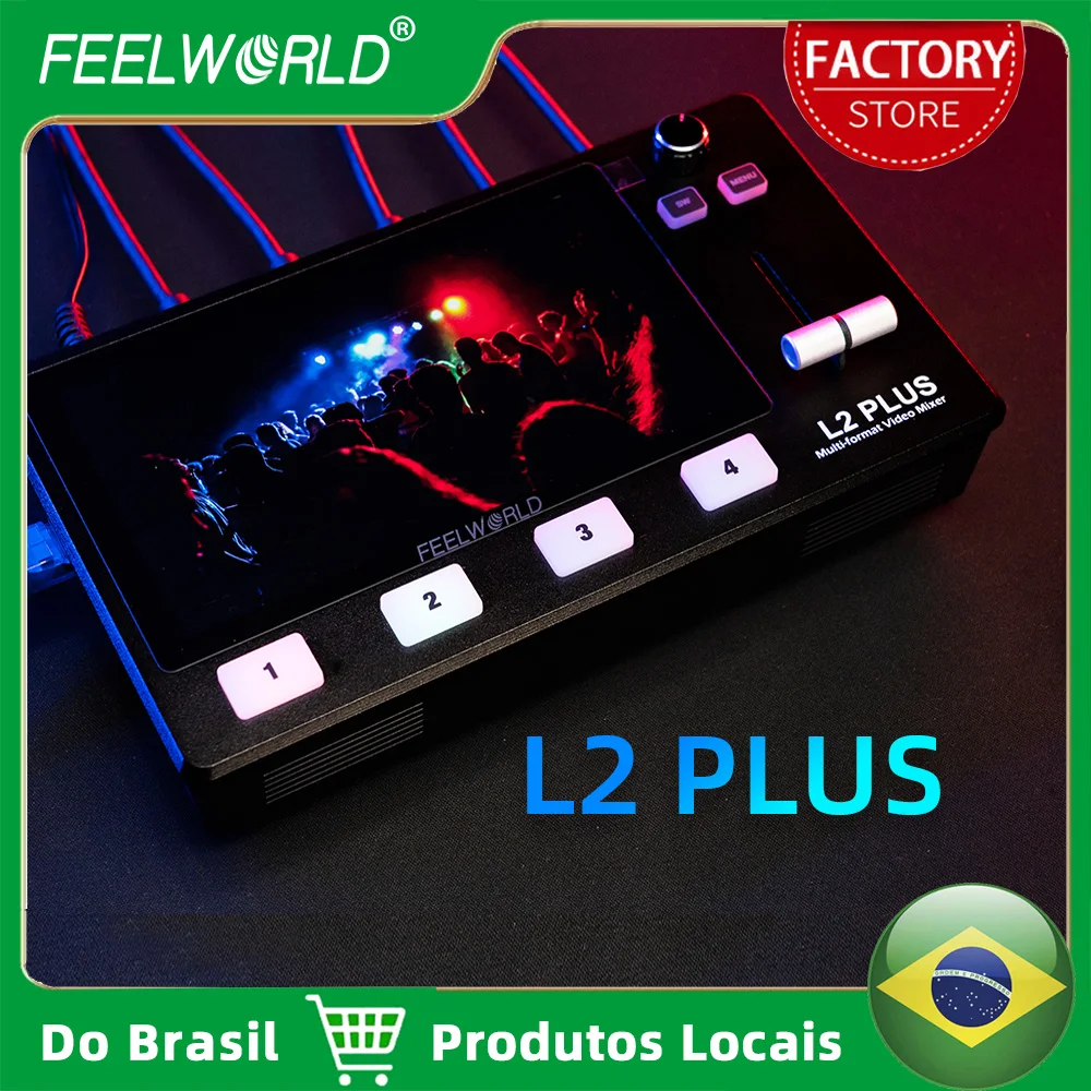 Do Brasil FEELWORLD L2 PLUS Switcher de mixagem de vídeo multi-câmera com tela sensível ao toque de 5,5 "4 entradas HDMI Chroma Key Logo Overlay USB3.0