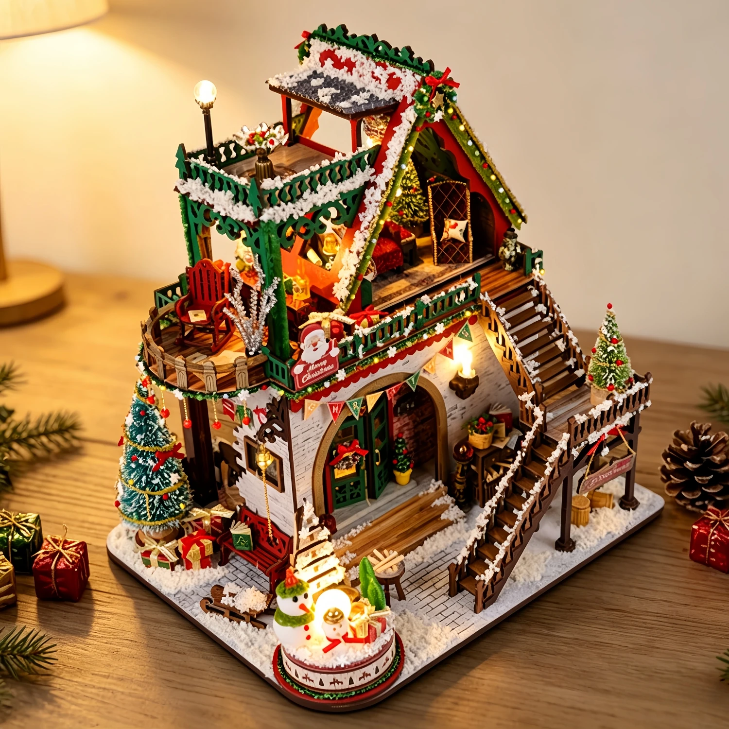 DIY Wooden Snowy Christmas Cottage Miniature Dollhouse 3D Puzzle Assembly Model Kit for Friends Birthday Gifts Home Decoration