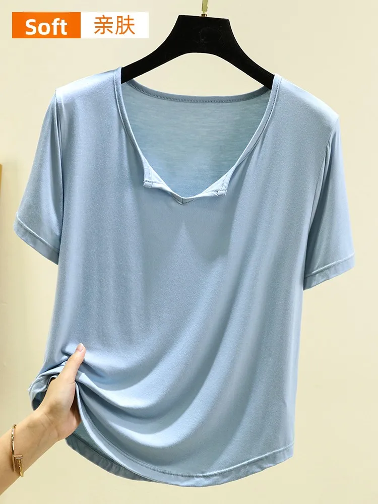 مشروط V-Ne ort Sve تي شيرت المرأة الصيف رقيقة لون نقي فضفاض صالح عادية كبيرة الحجم التخسيس الأعلى يوليو الغزلان العلامة التجارية #4
