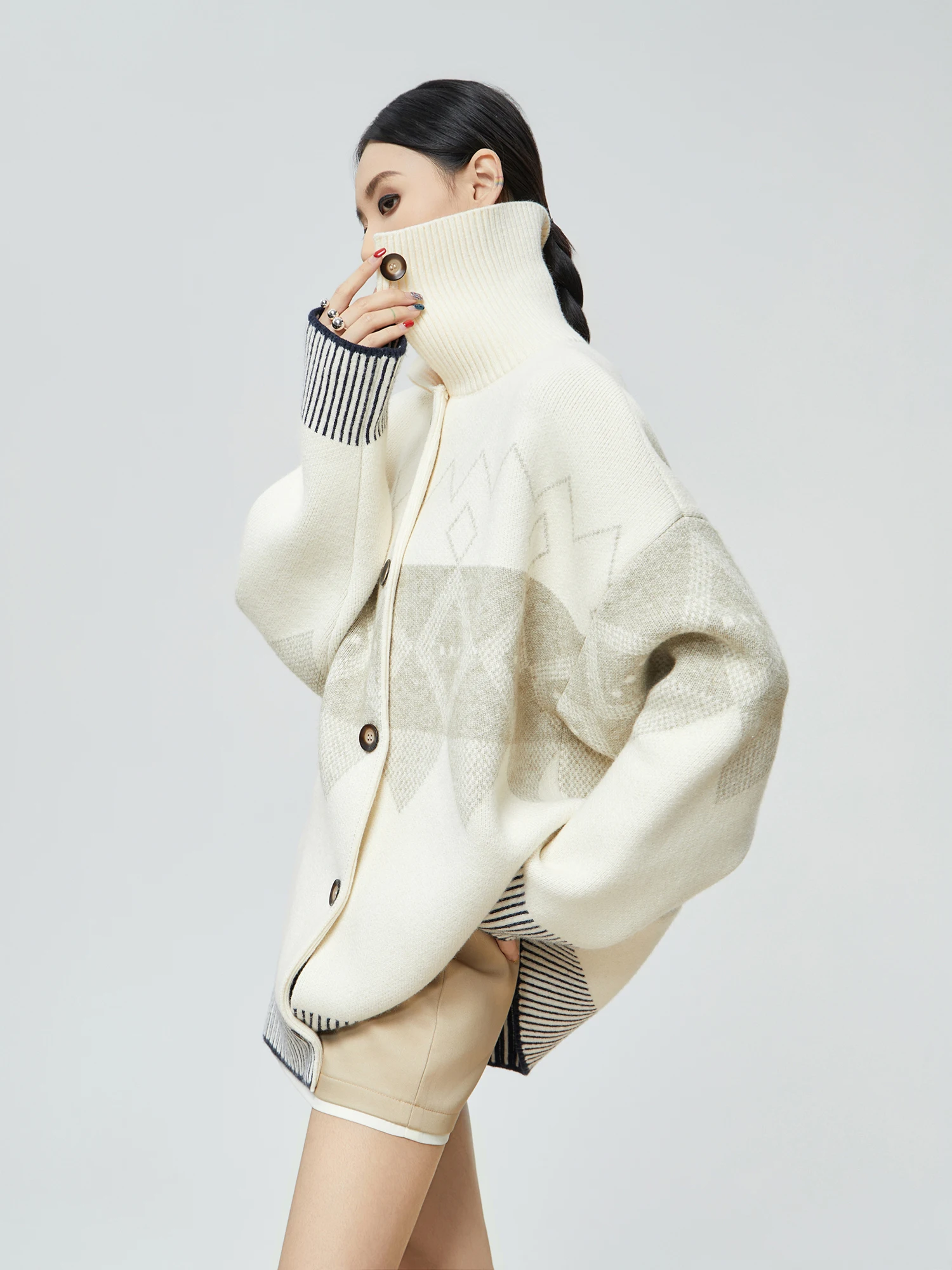 

Milk Color Fair Isle Knitted Sweater Coat Women's Loose Lazy High Collar Long Sve Warmth Autumn Winter New Sle Online Ex...