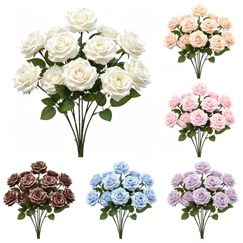 5Pcs Artificial Rose Flower Bouquet 15 Heads Faux Roses Flowers Realistic Bouquet for Wedding Party Mother's Day DIY Centerpiece Floral Romantic Party Decor
