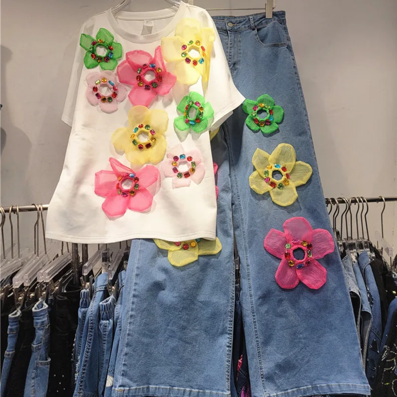 HKSH الربيع الصيف النساء Ins شيك Y2K الشرير شارع العليا عادية البتلة اكسسوارات تي شيرتات قصيرة الاكمام واسعة الساق الدنيم السراويل HK5190