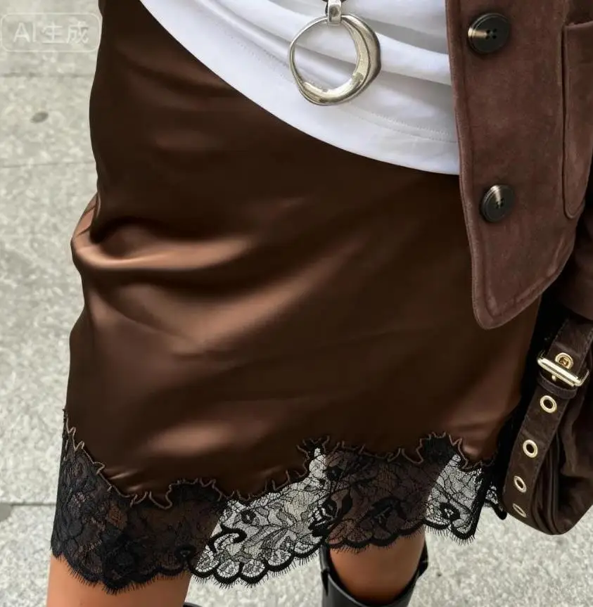 Lace Trimmed Mini Skirt for Women Low Rise Satin Skirt Casual Summer Streetwear Skirts