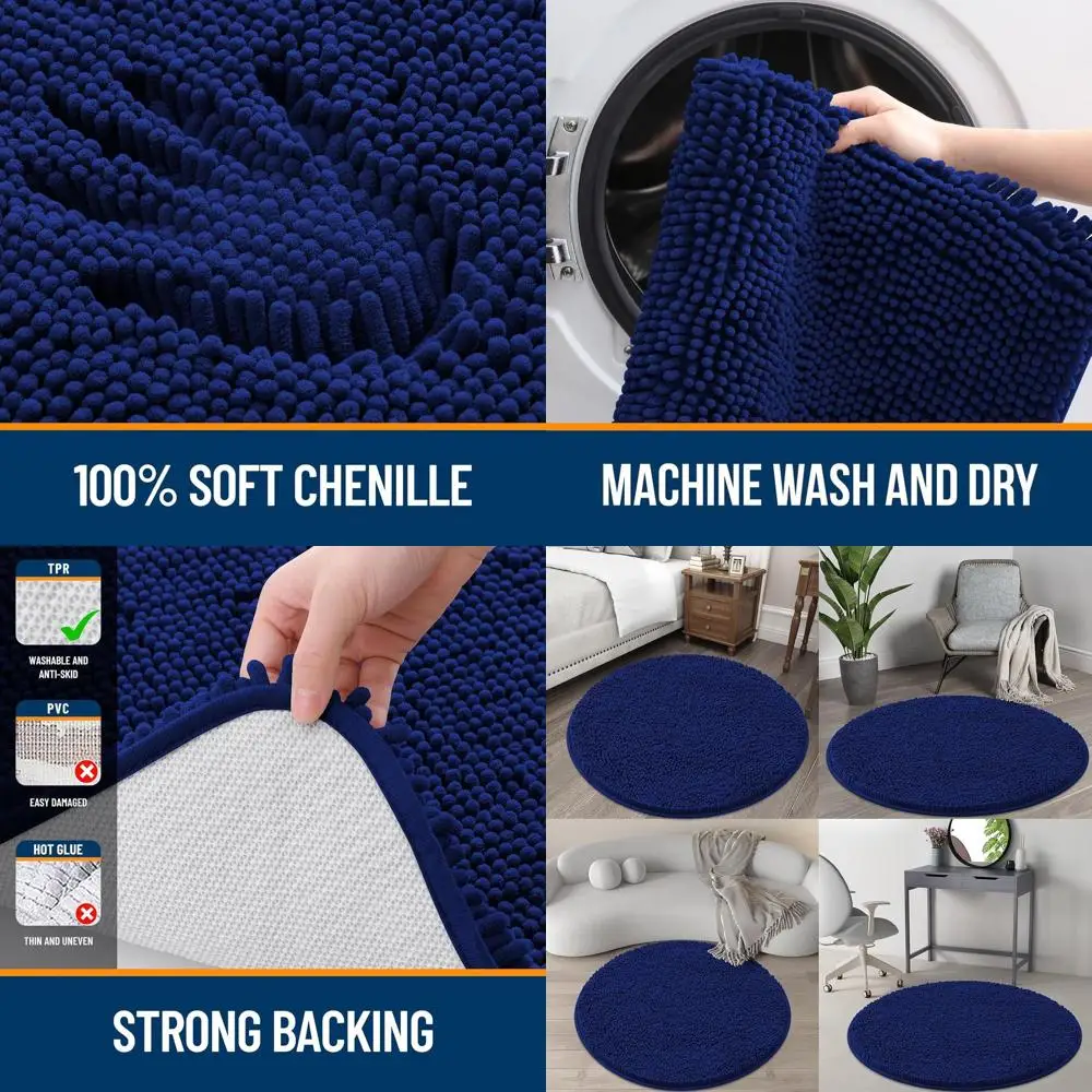

30 Navy Chenille Bathroom Rugs - Soft, Absorbent & Quick Drying for Bath, Shower, and Home Decor
