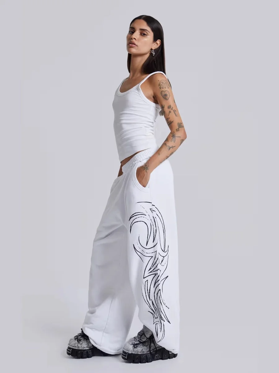 Rétro American Street Sle Jaded London imprimé tendance ample jambe large droite pantalon de survêtement décontracté taille haute pantalon long Polyest...