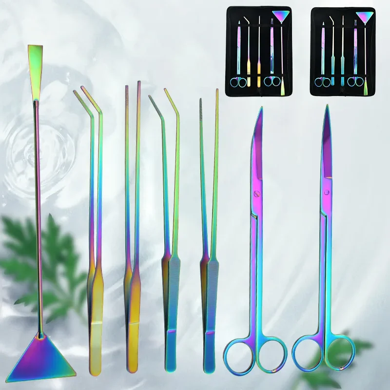 Fish Tank Landscaping Aquatic Plant Tool Set Stainless Steel Colored Aquatic Plant Scissors, Colored Titanium Five-piece Set