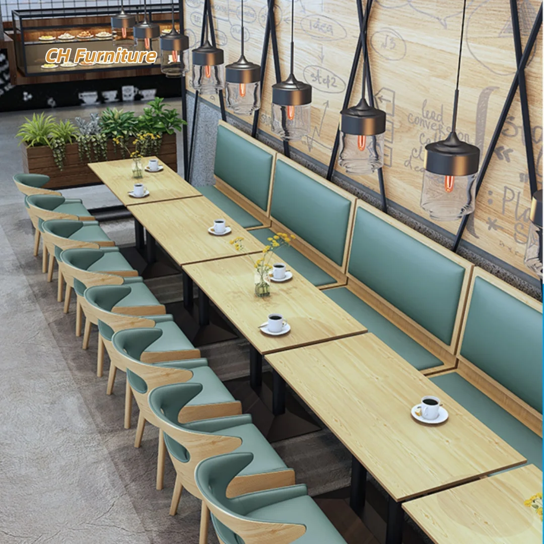 @#Dining Table Set 6 Seater Solid Wood Frame Restaurant Tables and Chairs Leather Seat Sofa Booth