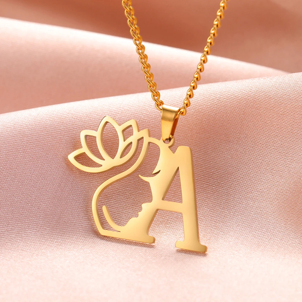 My Shape Beauty Lotus Flower Initials Necklace Women Girl Gifts Stainless Steel Letter Alphabet Pendants Choker Fashion Jewelry