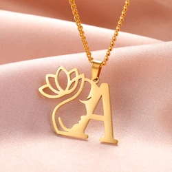My Shape Beauty Lotus Flower Initials Necklace Women Gifts Stainless Steel Letter Alphabet Pendants Choker Fashion Jewelry