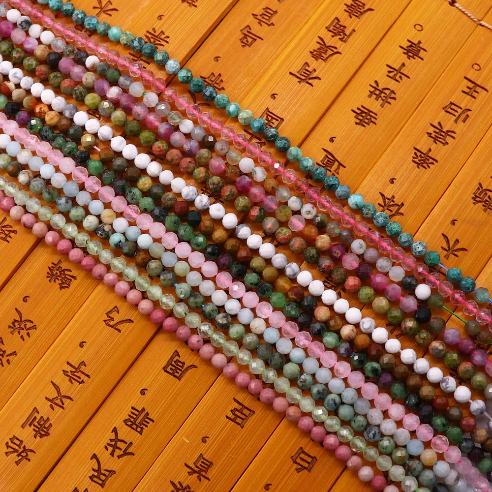 

2/3/4mm Small Faceted Round Natural Stone Straight-Hole Loose Beads 1strand For Fashion Necklace Bracelet Jewelry DIY Crafting