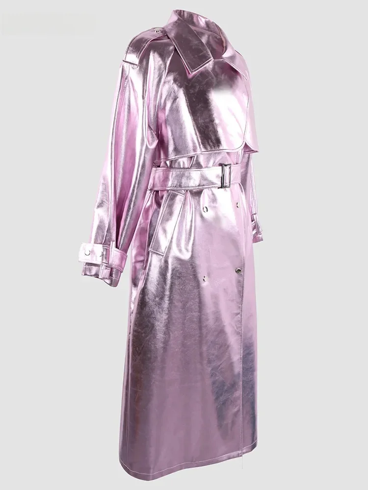 

Женская длинная двубортная ветровка Nerazzurri из искусственной кожи с глянцевой поверхностью, с поясом, в корейском стиле