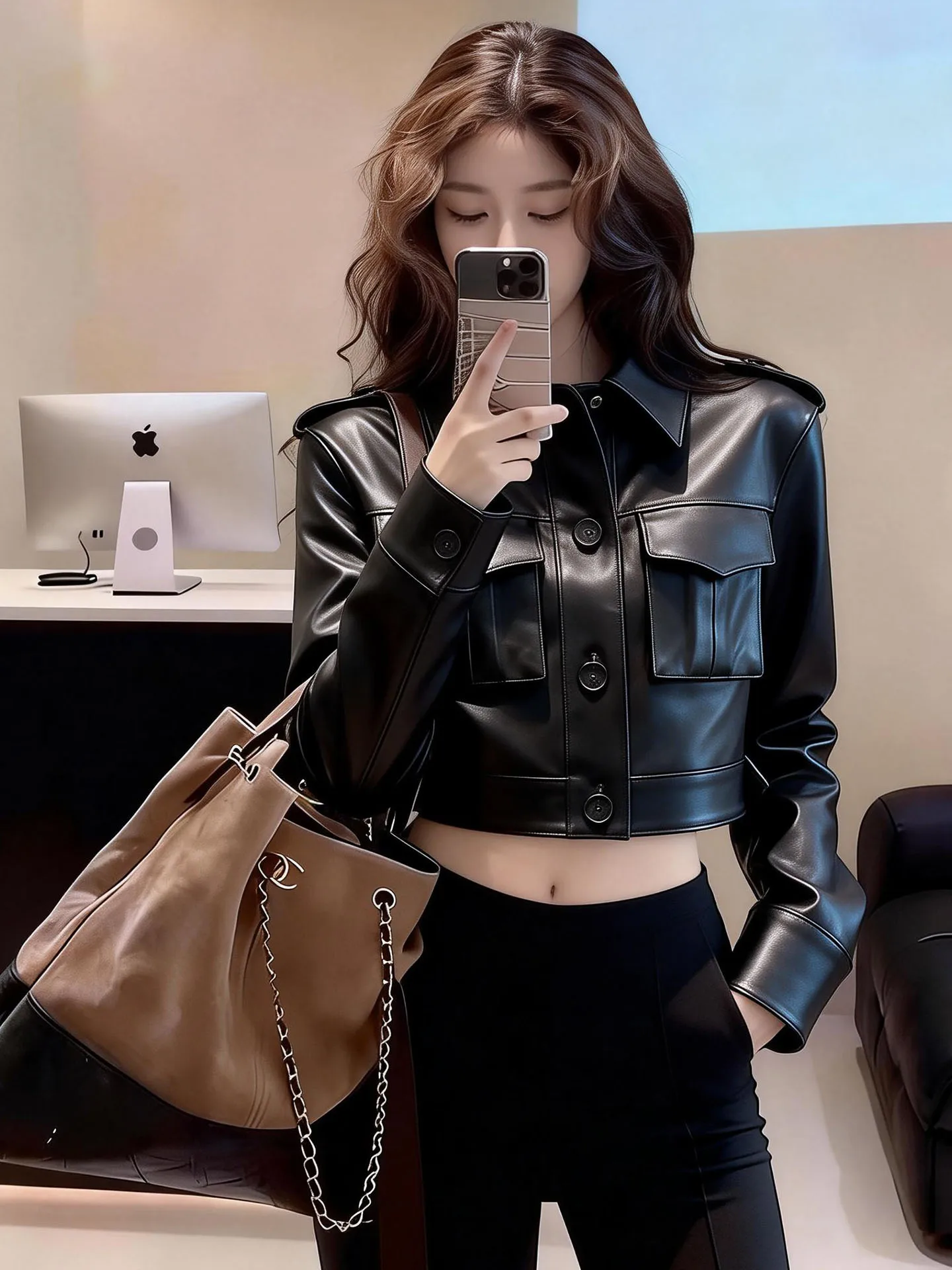 Chaqueta de Cuero Ele Bla para Mujer, Primavera 2026, Elegante, Entallada, Versátil, con Cuello Alto y Botones