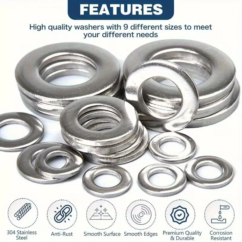 200/400pcs Stainless Steel Flat Washers Set (M2-M12) – Home DIY, Industrial Repair, Kitchen Decoration & Outdoor Maintenance