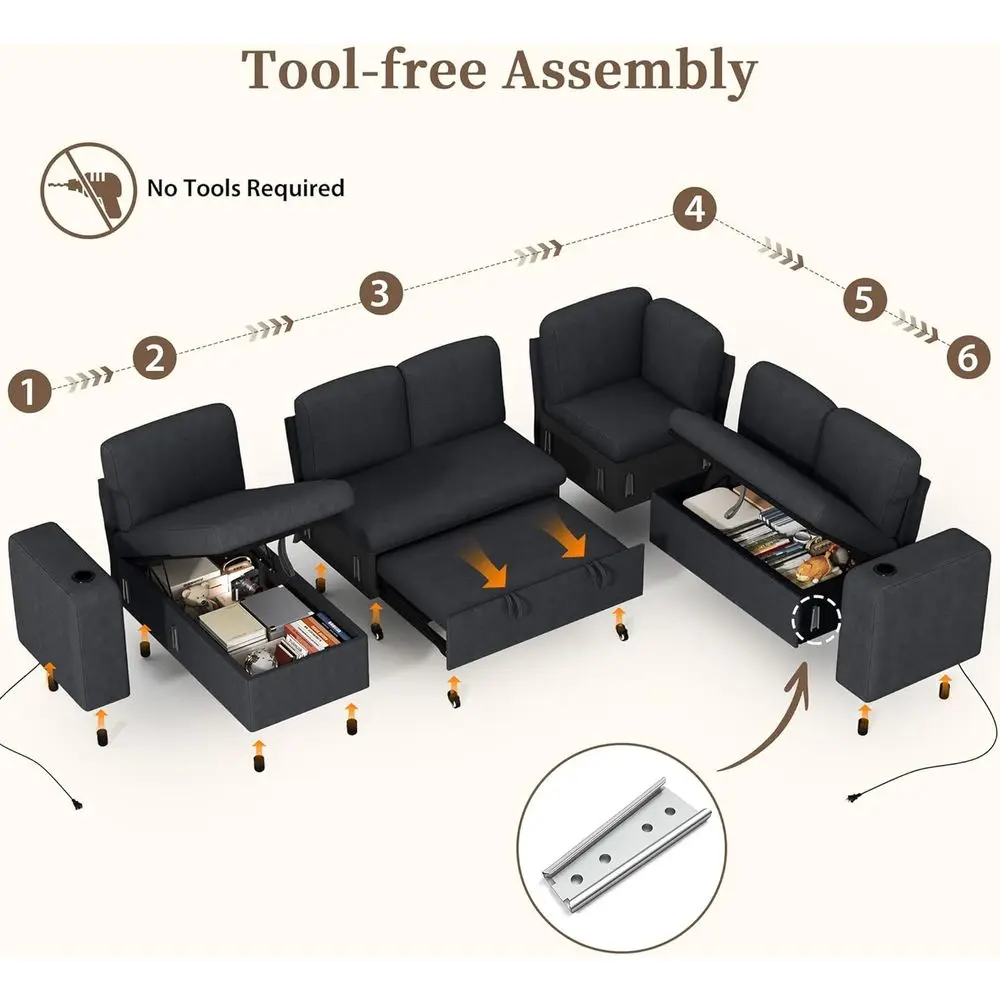 أريكة نوم على شكل حرف L مع سرير قابل للسحب، وأريكة سحابية ذات 6 مقاعد، ومنافذ تخزين ومنفذ USB، ومسند ظهر قابل للتعديل (صوف صديق للبيئة، رمادي)