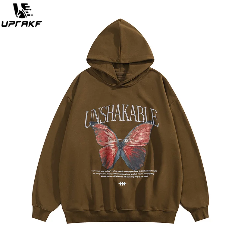 UPRAKF Letter Print Hoodie Butterfly Graphic Oversize Autumn Pullovers Casual Fashion Long Sleeve Streetwear Tops Hip Hop