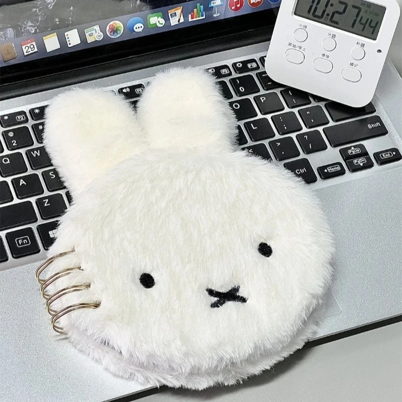 Cuaderno Kawaii Miffy, papel de escritura suave con cabeza de conejo esponjoso ​   180 °   Diario multifuncional Lay-Flat para regalo lindo de estudio/viajes