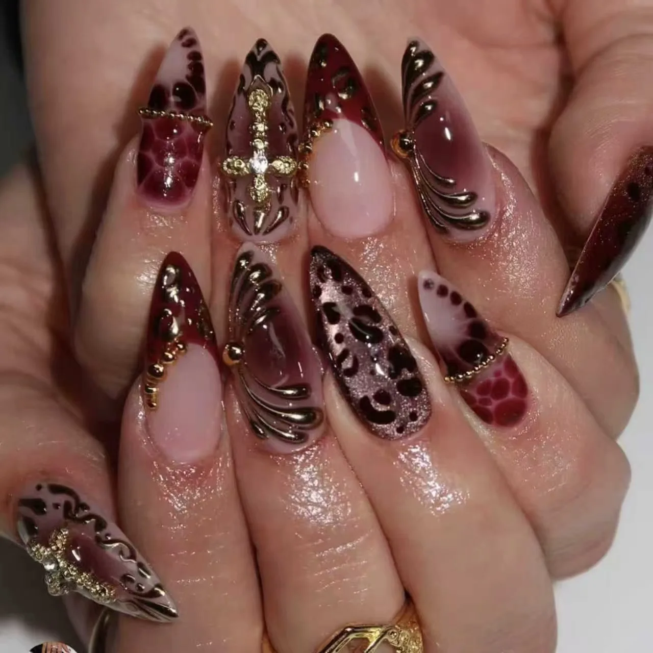 

24 шт./компл. 3D накладные ногти для женщин и девочек, средние миндалевидные кончики, леопардовый горошек, 3D тисненые цветы, дизайн, пресс накладные ногти