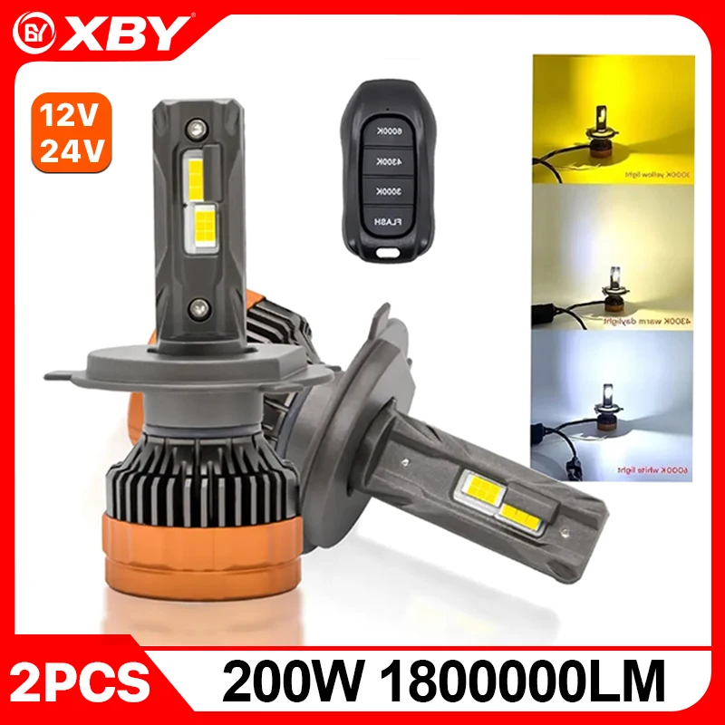 200W H7 LED Tri-Color Car Headlights H4 H11 HB3 9005 9006 With Remote Control Flashing Dual Projector Lens Cooling Fan Auto Lamp