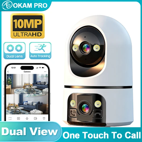 Imagen 1 del producto OKAM PRO-cámara WiFi de doble lente HD 5K, 10MP, videoportero bidireccional, seguimiento de movimiento AI, cámara para el hogar, visión nocturna en Color, PTZ, IP CCTV