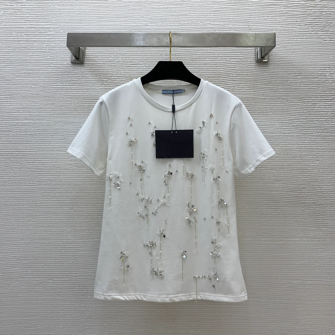 

Heavy Duty Luxury Diamond Tassel Bead Chain Double Fabric Top Three-Dimensional Flower Slim Round Neck Short-Sleeved T-Shirt