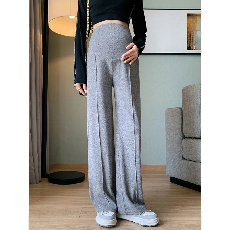 Autumn Winter Soft Cashmere Maternity Straight Pants Wide Leg Loose Straight Belly Trousers for Pregnant Women Pregnancy