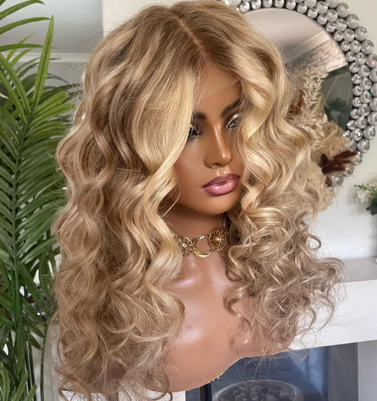 

Rooted Golden Blonde Deep Water Wave Wig Heat Resistant Natural Voluminous Spiral Curly Soft Synthetic HD Lace For Daily Party