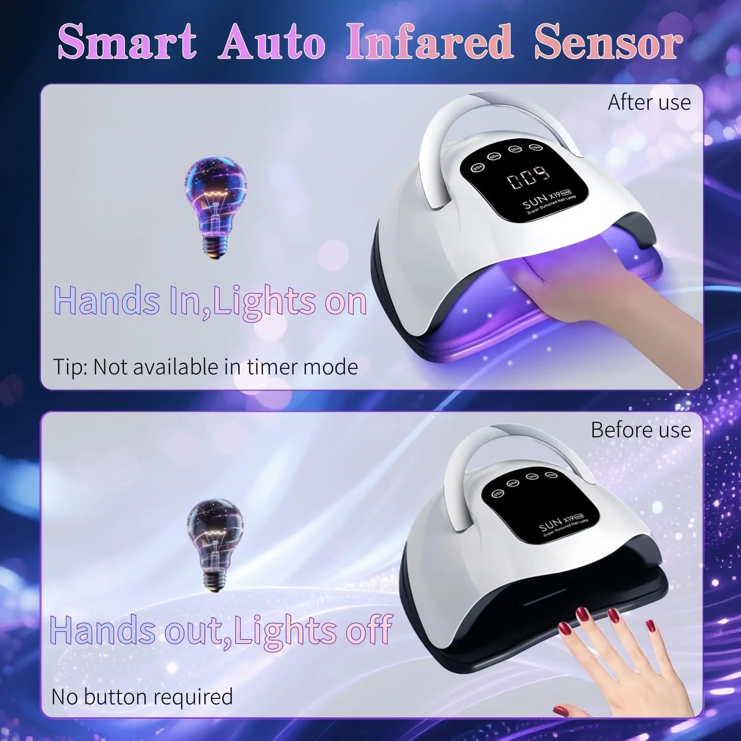 مصباح أظافر LED بالأشعة فوق البنفسجية 72 خرز 320 وات مع مؤقت ومستشعر لطلاء الجل