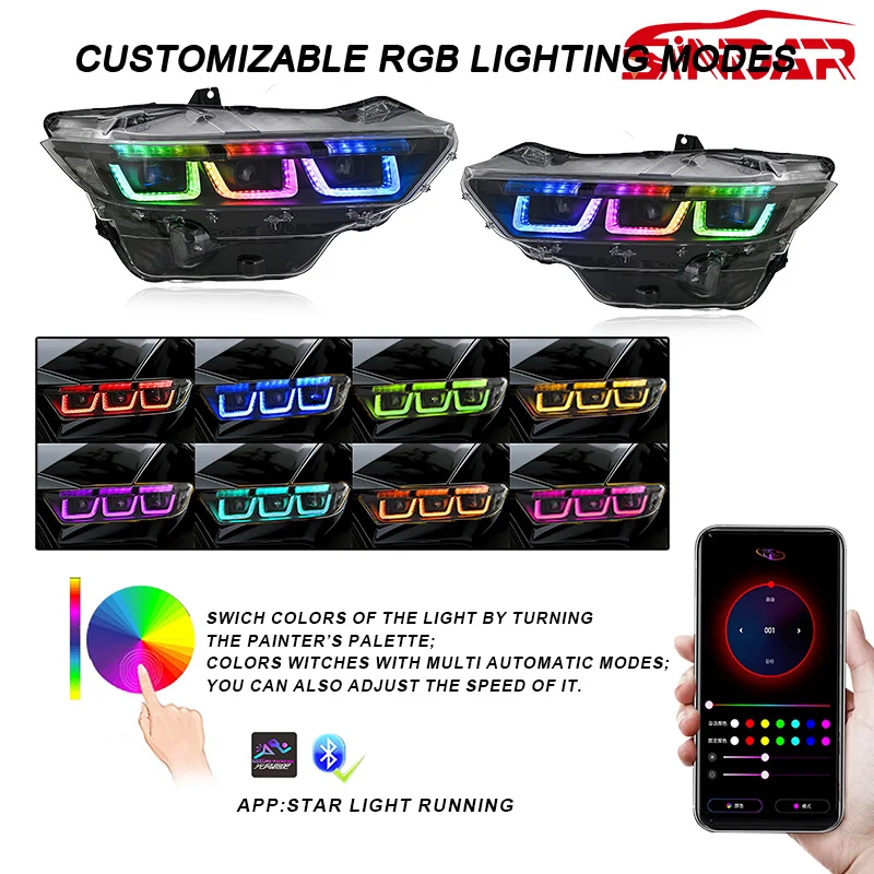 Sindar Auto LED Headlights Assembly Front Light Full RGB Animated Style 24-25 for Ford Mustang S650 GT 2024 2025 2026 15-25