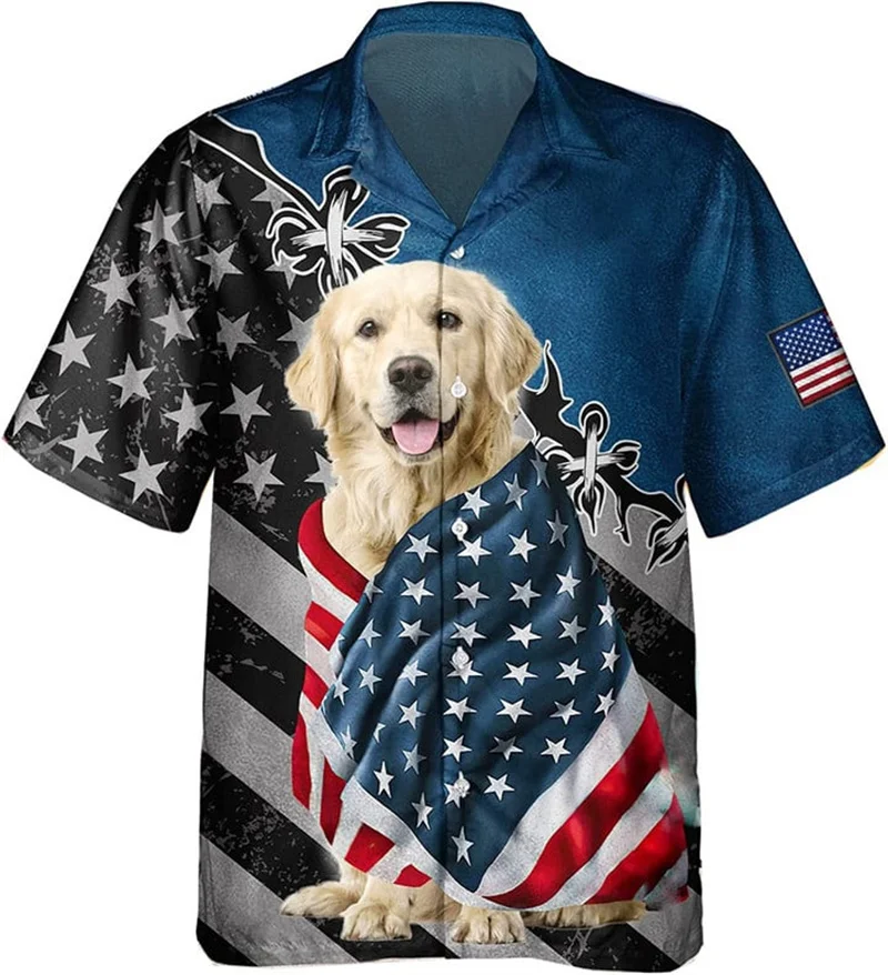 

3D Retriever Dog Pug Dog Hawaiian Shirts Men Women Street Fashion Short Sleeve Patriot's Day Shirts Gift For Dog Lover Kid Tops