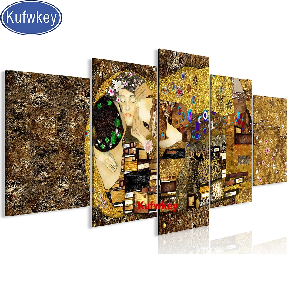 5 Panel Klimt portrait diamond painting,full,square,round diamond embroidery,mosaic diamond diy handwork,Kiss Love,Multi-Panel,