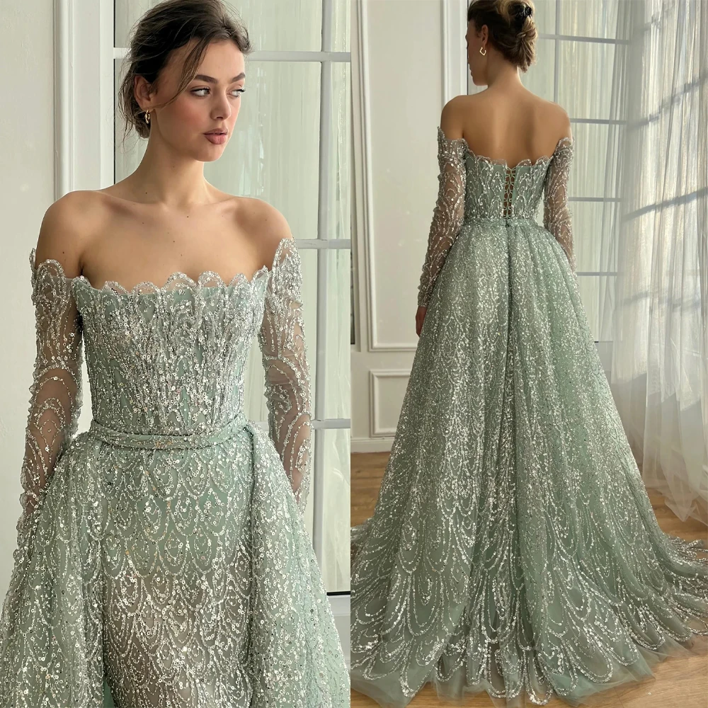 Glitzernde Meerjungfrau-Abendkleider für Damen, schulterfreies Kleid mit langen Ärmeln, Pailletten, abnehmbares Schleppkleid, Partykleid, maßgeschneidertes Kleid