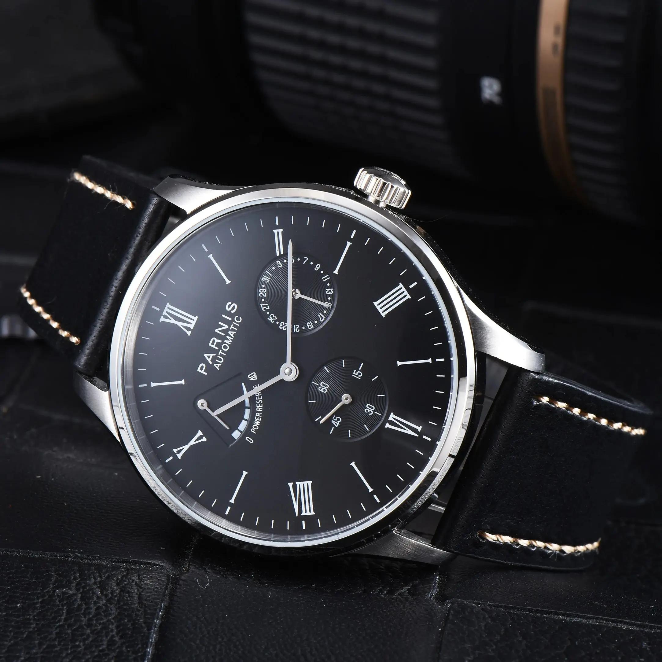 موضة بارنيس 41.5 مللي متر الأسود الهاتفي التلقائي الرجال الساعات التقويم حزام من الجلد ساعة ميكانيكية للرجال reloj hombre 2025 ساعة