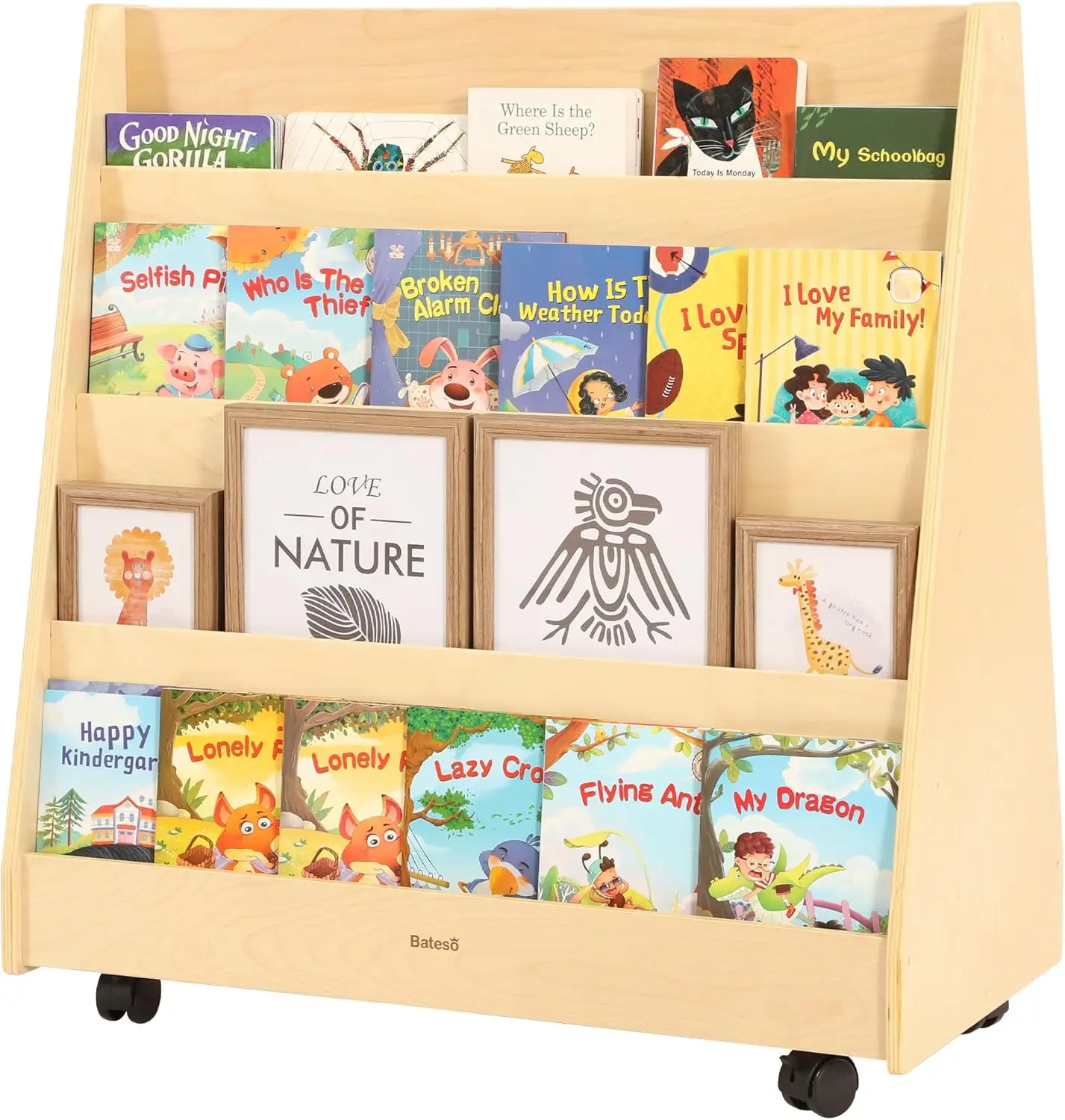 Sided Bookshelf with Wheels, Wooden 4-Layer Toddler Bookshelf, Children's Magazine Storage Shelf, Ideal for Playrooms, Bedrooms,