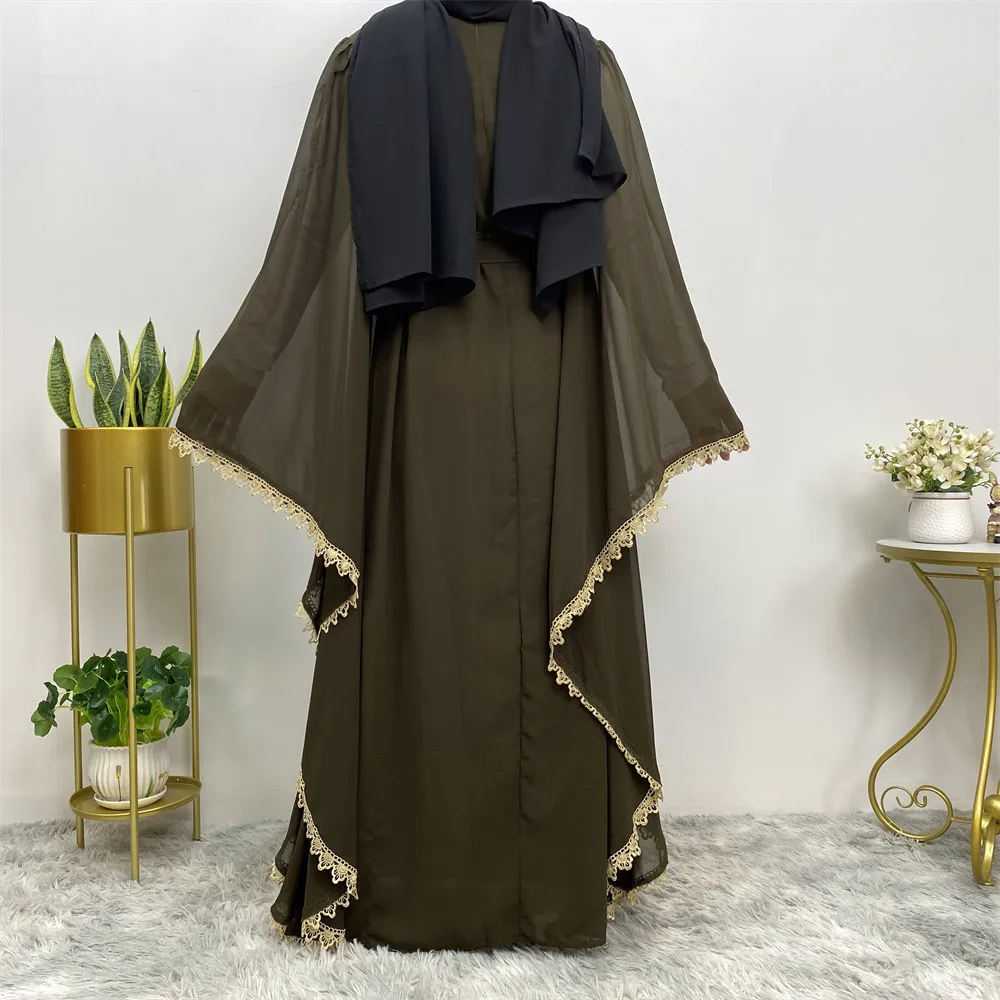 

UNI Chiffon Abaya Green Elegant Dubai Luxury Muslim Women Maxi Dress Arabic Robe Closed Baya Kimono Clothes
