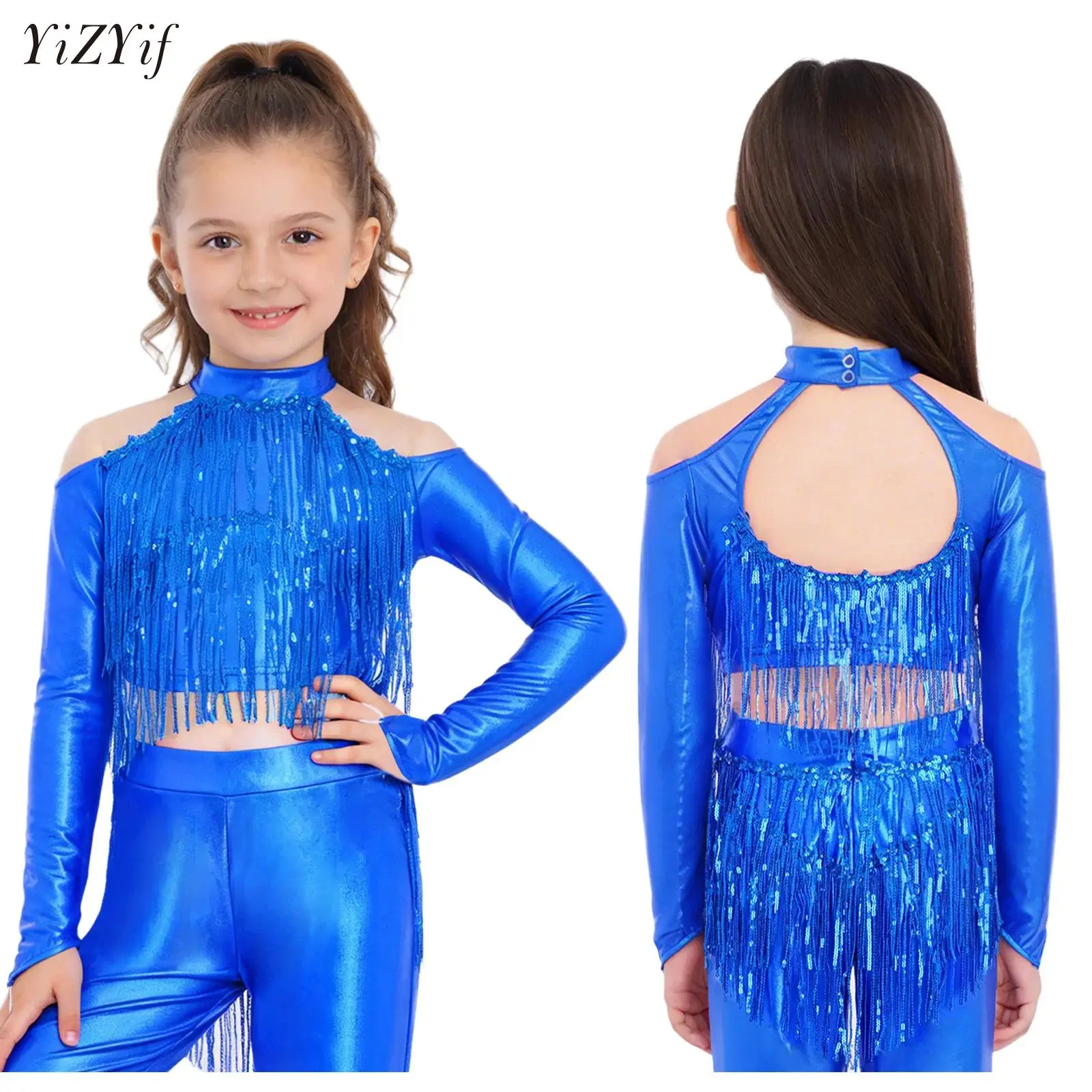 

Kids Boys Shiny Sequins T-Shirts Dance Costumes Long Sleeve Tassels Hip-hop Jazz Dance Tops Stage Performance Street Dance Wear