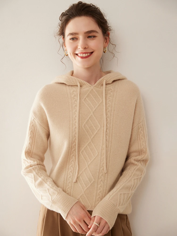 100% カシミヤ女性のパーカーソフトハイエンドシンプルカジュアル秋冬厚く暖かいニットフード付きプルオーバー