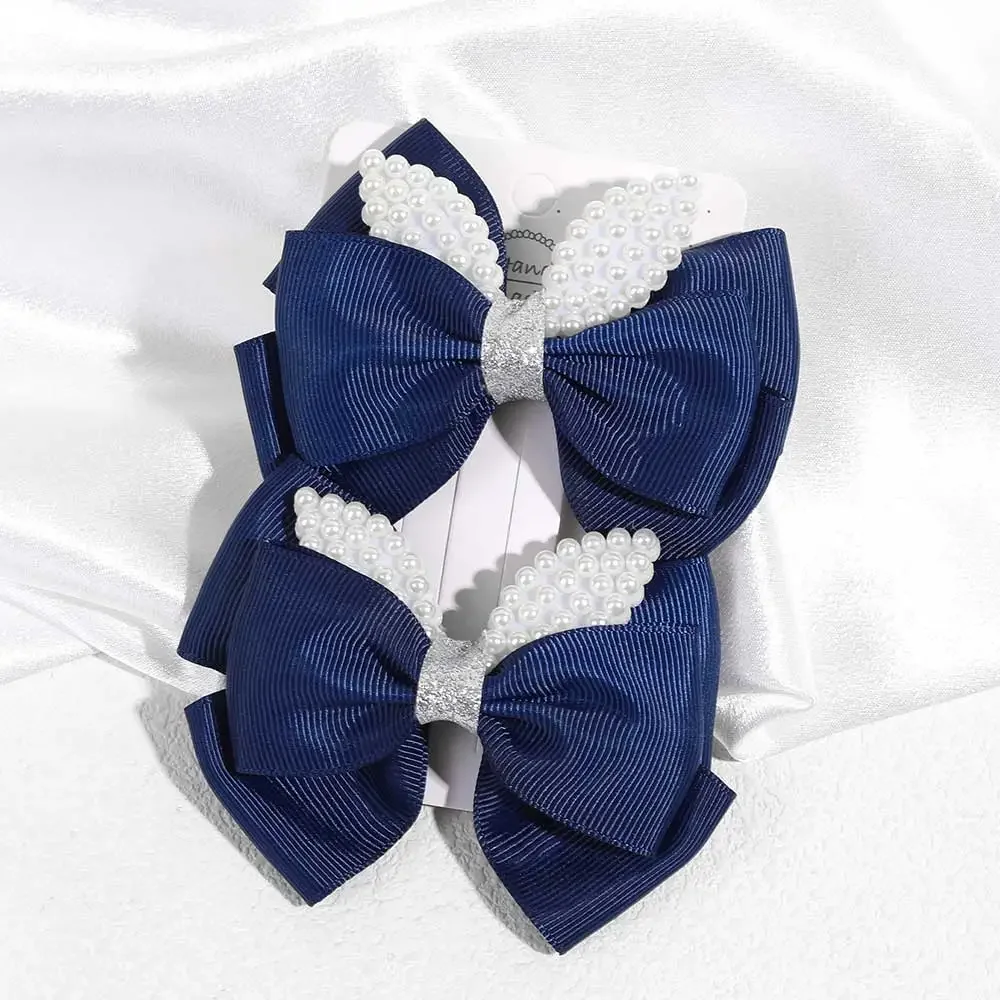 2PCS Sweet Pearl Bow Hairpin For Kids Solid Ribbon Double Bowknot Hair Clip Korean Lovely Hairpins Girls Party Headwear