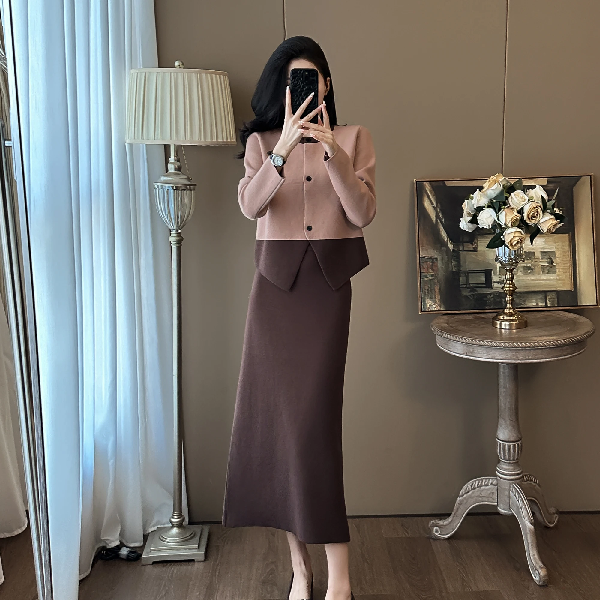 High Qulaity Hit Color Sweater Suits Fashion Women O Neck Single Breasted Knitted Sweater Cardigan+Autumn Winter Long Skirt Suit