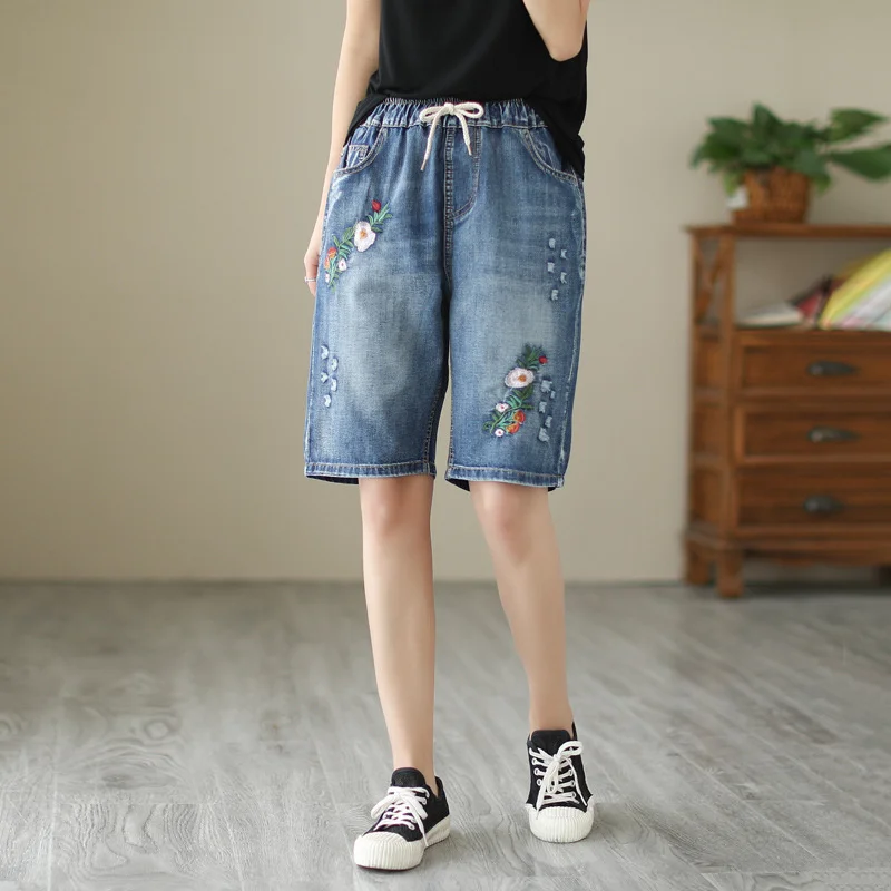 Summer Jeans Capris Vintage Embroidered Elastic High Waist Women's Knee-lenght Denim Pants Ripped Hole Loose Shorts Jeans