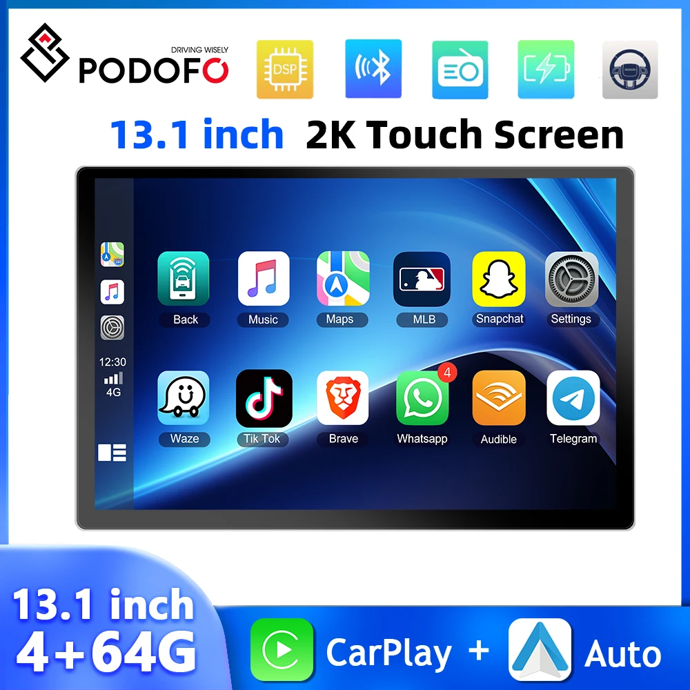 Podofo 2K Touch Screen 8Core 4+64G Car Stereo Carplay Android Auto 13.1'' Multimedia Player WIFI 4G GPS Navigation DSP Car Audio