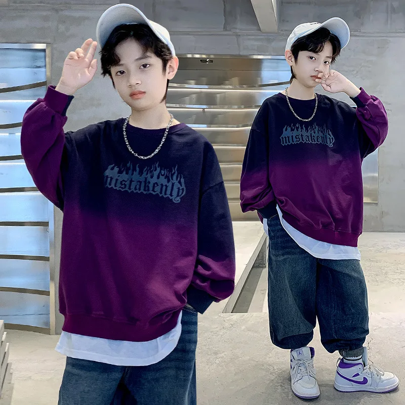 

New Spring Autumn Teen Boys Long Sleeve Fashion Dip Dye Sweatshirts Kids Casual Korean Children School Sports Cotton Sweatshirt