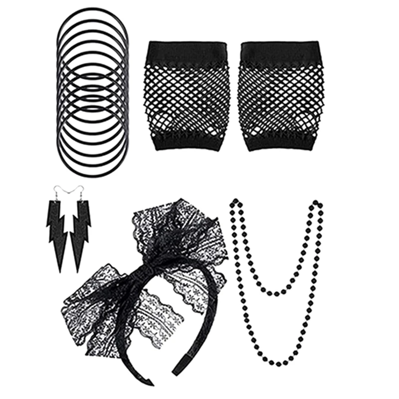 80S Fancy Dress Costume Accessories For Women-Retro Party Set With Lace Headband, Earrings, Gloves, Necklace, Bracelet