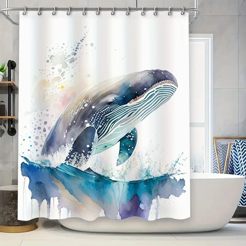 

Whale Tail Shower Curtain Watercolor Marine Life Bath Decor Waterproof Fabric Shower Curtains with Hooks Blue Gray White (78x104