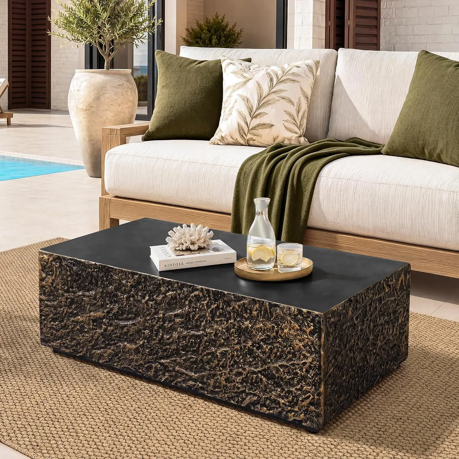 Bronze Rectangle Patio Coffee Table Travertine Style
